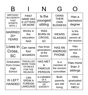 FAMILY REUNION Bingo Card