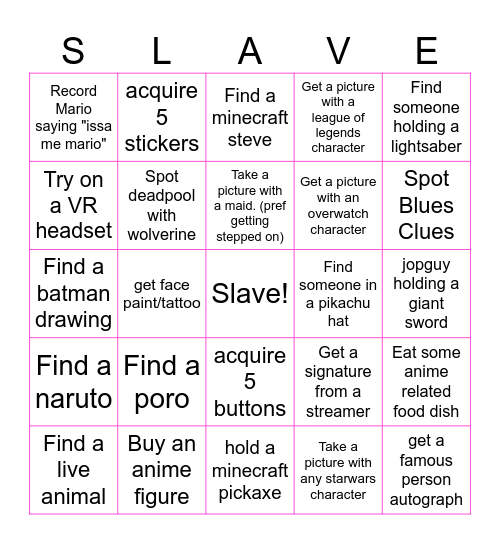 Slave bingo Card