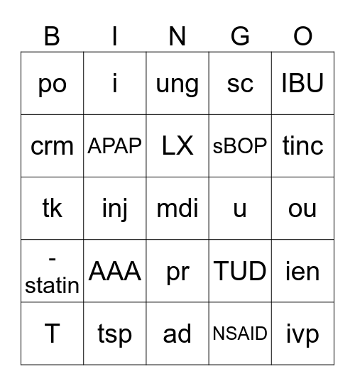 Sigs / meds Bingo Card