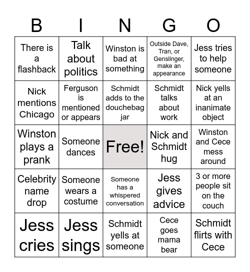 New Girl Bingo Card