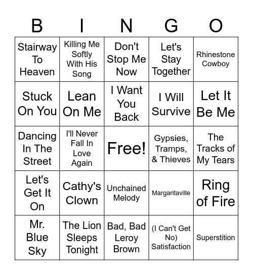 50's & 60's Hits Bingo Card