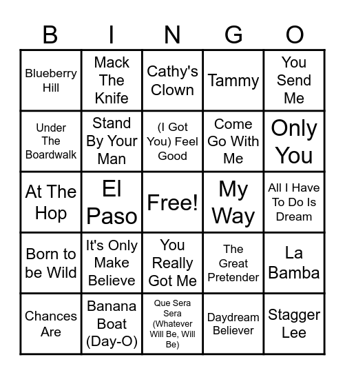 50's & 60's Songs Bingo Card