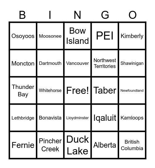 Canada Bingo Card
