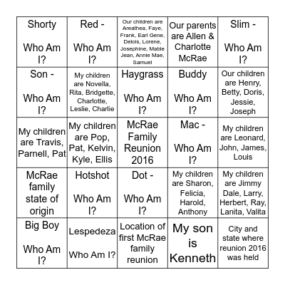 McRae Family Reunion 2016 Bingo Card