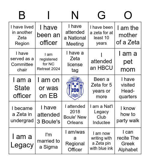 Zeta Phi Beta Sorority Bingo Card