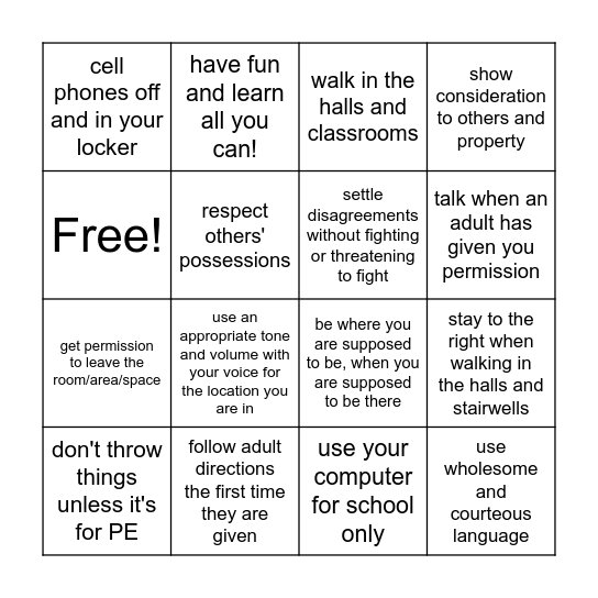 CCA Rules Bingo Card