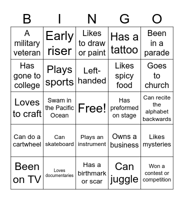 Get To Know You Bingo Card