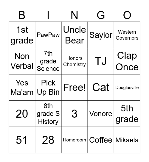 All About Mrs Watson Bingo Card