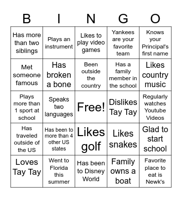 First Day of School Bingo Card