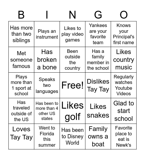 First Day of School Bingo Card