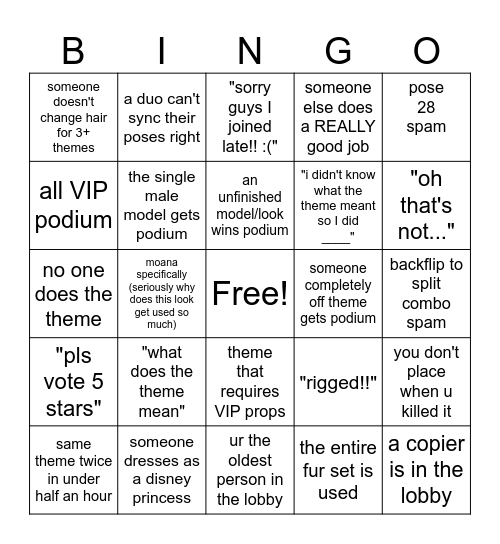 dress to impress Bingo Card