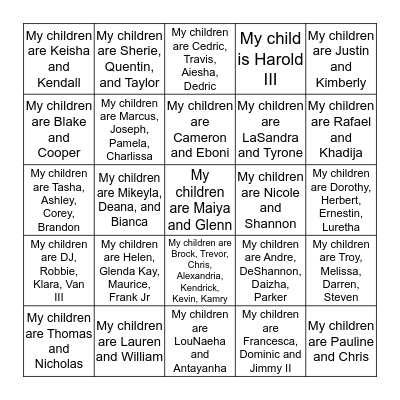 McRae Family Reunion 2016 Bingo Card