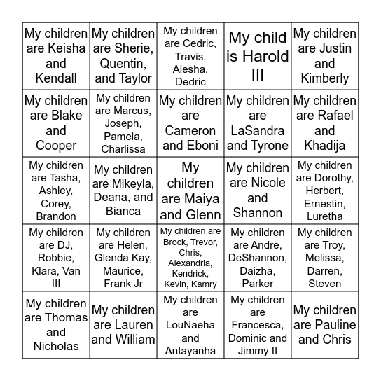 McRae Family Reunion 2016 Bingo Card