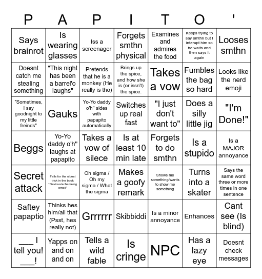 Goony Papapito bingo Card
