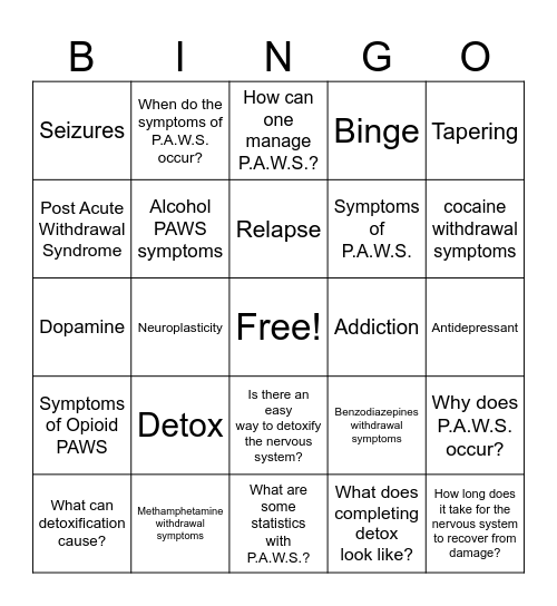 POST ACUTE WITHDRAWAL SYNDROME Bingo Card