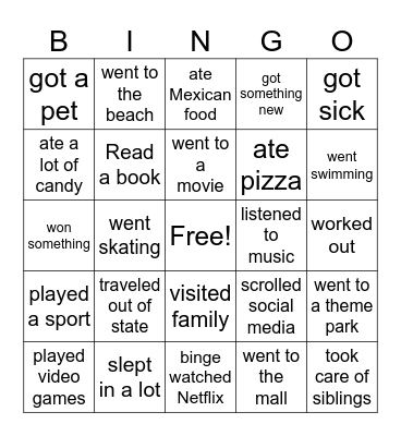Summer Vacation Bingo Card