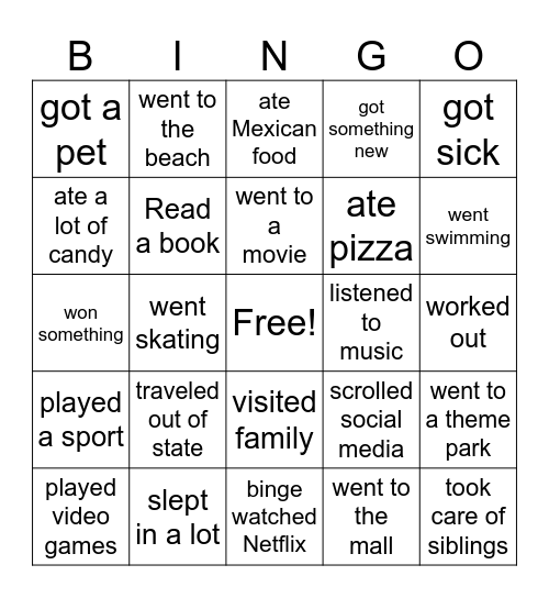 Summer Vacation Bingo Card