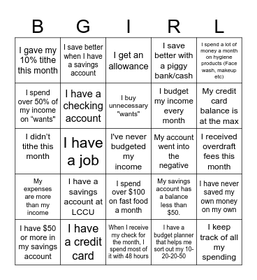 BUDGET BINGO Card