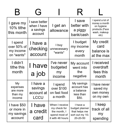 BUDGET BINGO Card