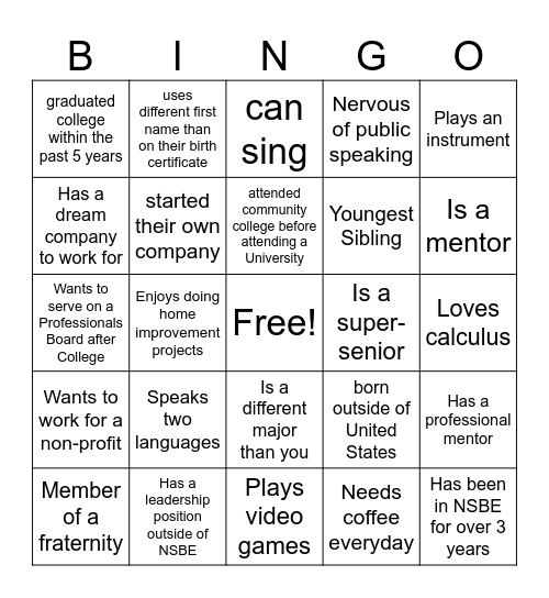 NSBE RLC Mixer Bingo Card