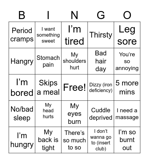 Lana’s daily complaints Bingo Card