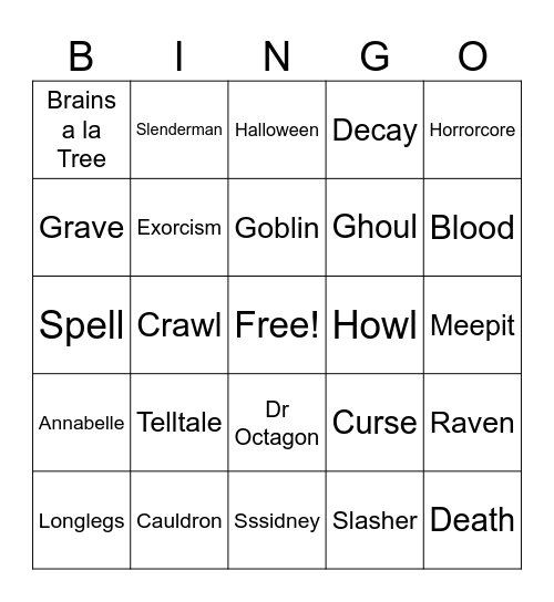 Horror Bingo Card