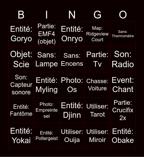 Phasmophobia Bingo Card