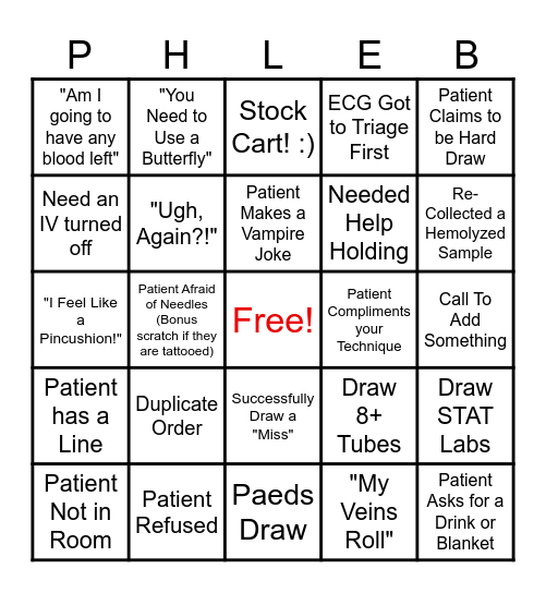 Phlebotomy Bingo Card