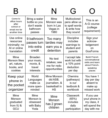 French Syllabus Bingo Card