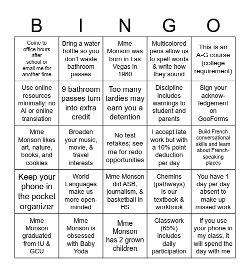 French Syllabus Bingo Card