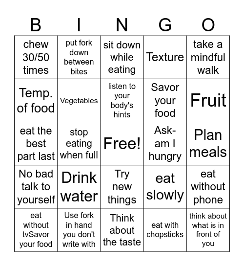 Mindful Eating Bingo Card