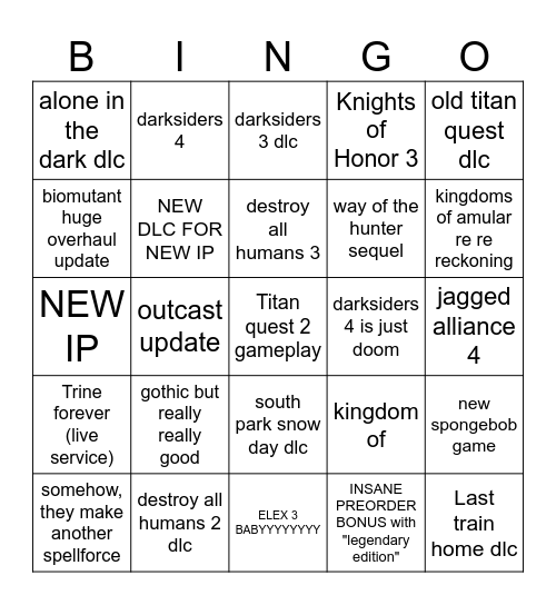 thq nordic Bingo Card