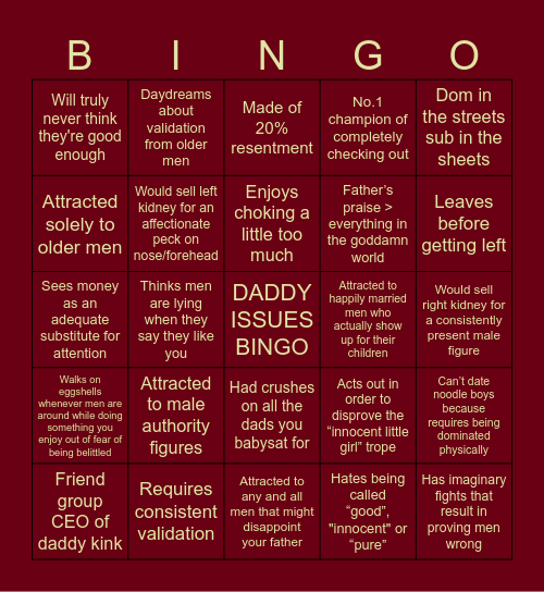 Daddy Issues Bingo Card