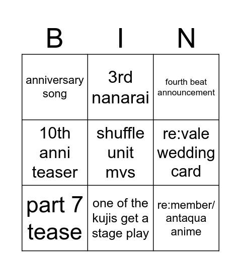 9th anniversary bingo Card