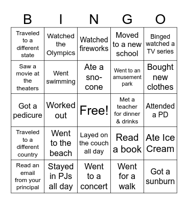 Teacher Summer Bingo Card