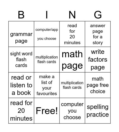 Homework Bingo! Bingo Card