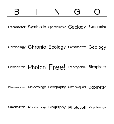 Greek Roots Bingo Card