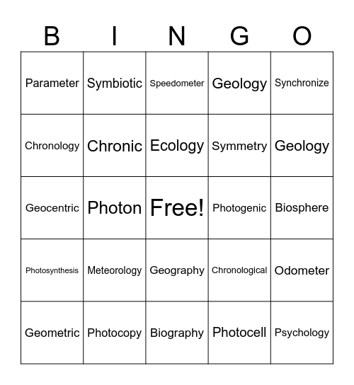 Greek Roots Bingo Card