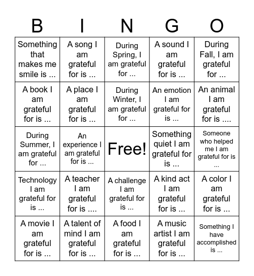 Gratitude Bingo Card