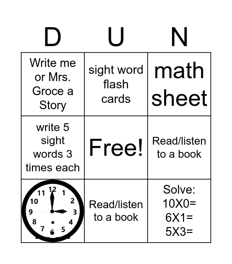 Homework Bingo Card