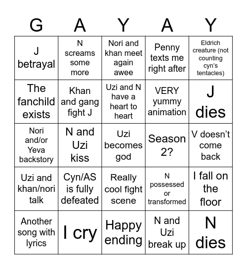 Murder finale Bingo Card