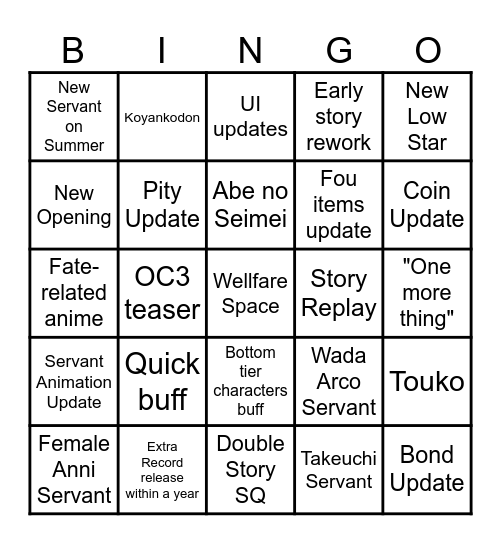 FGO 9th Anniversary Bingo Card