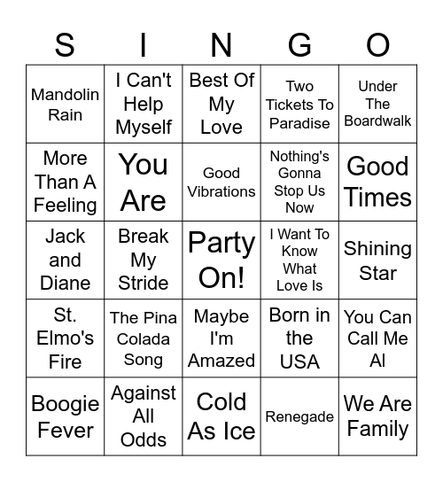 SINGO Bingo Card