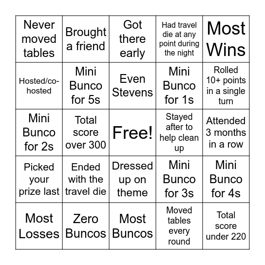 BUNCO Bingo Card