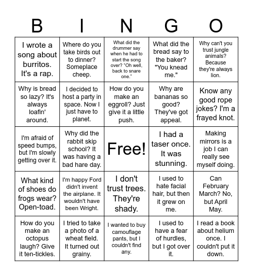 Silly Jokes Bingo Card