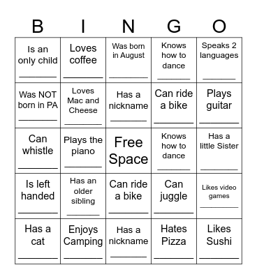 YOUTH HUMAN BINGO Card