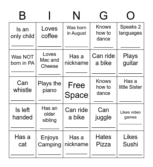 YOUTH HUMAN BINGO Card