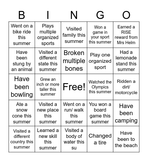 Catch up Bingo Card