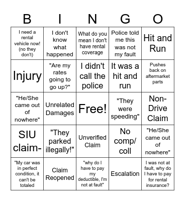 CLAM ADJUSTER THINGS Bingo Card