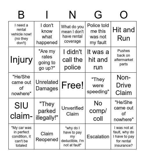 CLAM ADJUSTER THINGS Bingo Card